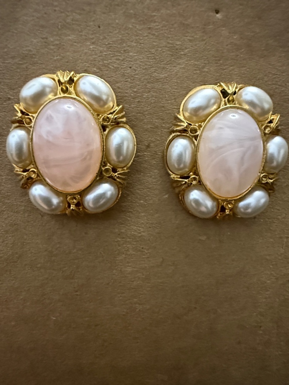 Gold-Tone Pink Cabochon and Pearl Cluster Earrings